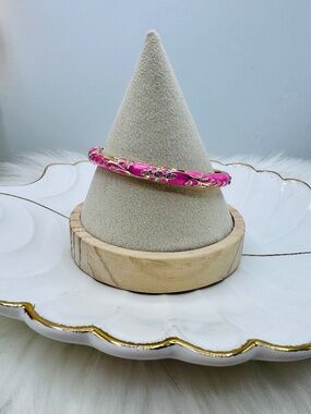 Pink Enamel Gold-Tone Floral Cloisonne Bangle Bracelet